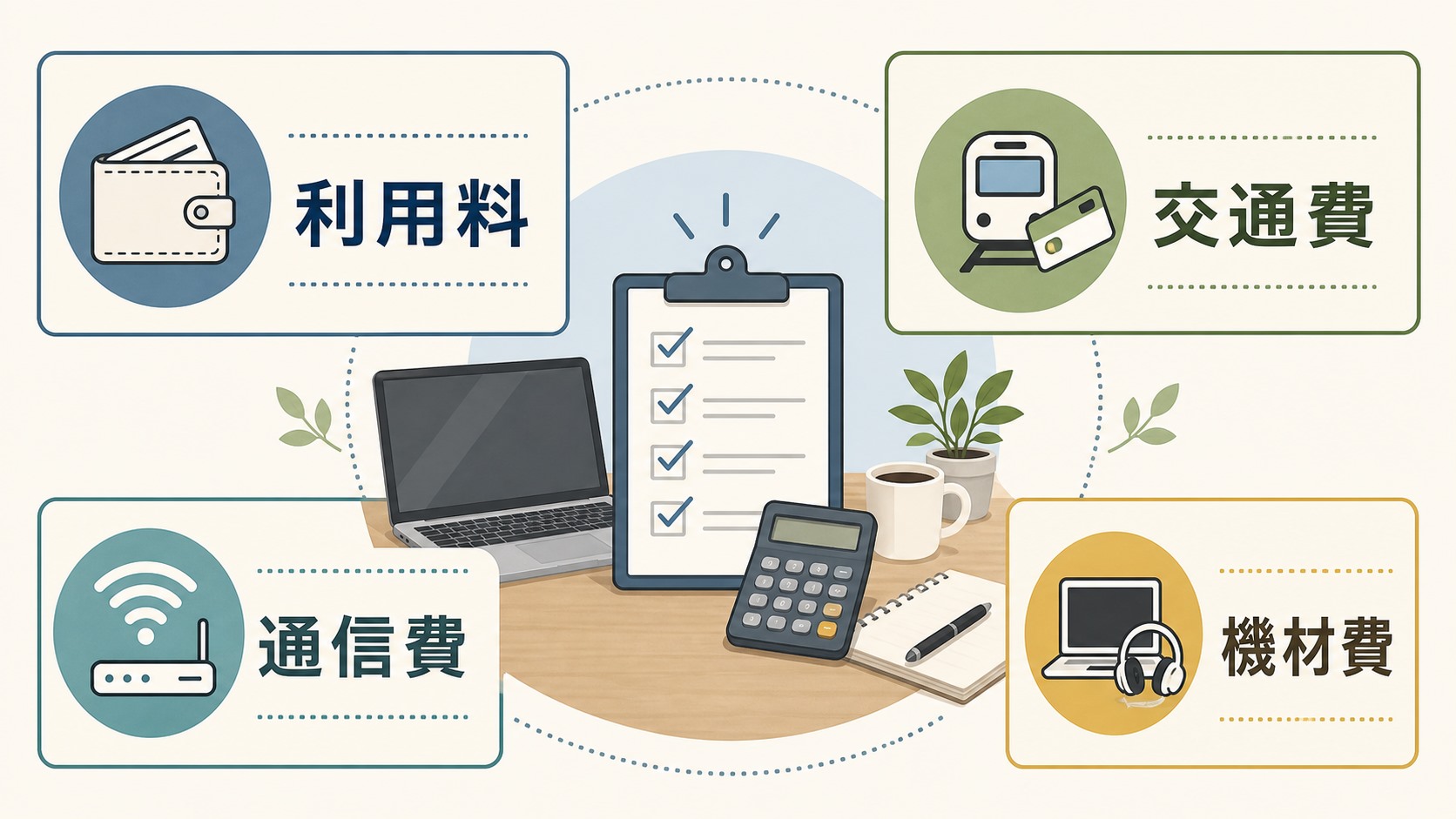 在宅訓練の料金、交通費、通信費、機材費を分けて確認する図