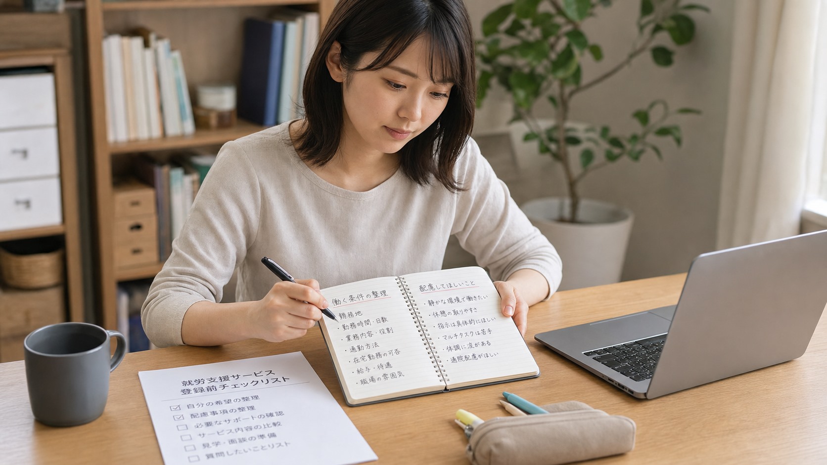 atGP登録前に希望職種、勤務条件、配慮事項をノートに整理する日本人の大人
