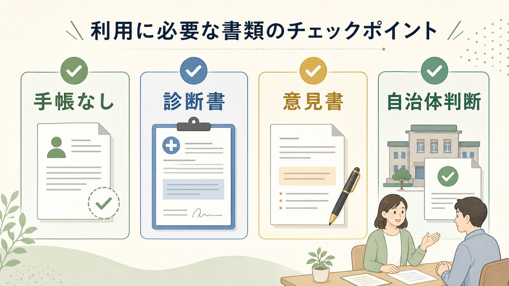 手帳なしで在宅訓練を検討する時に診断書、意見書、自治体判断を確認する図