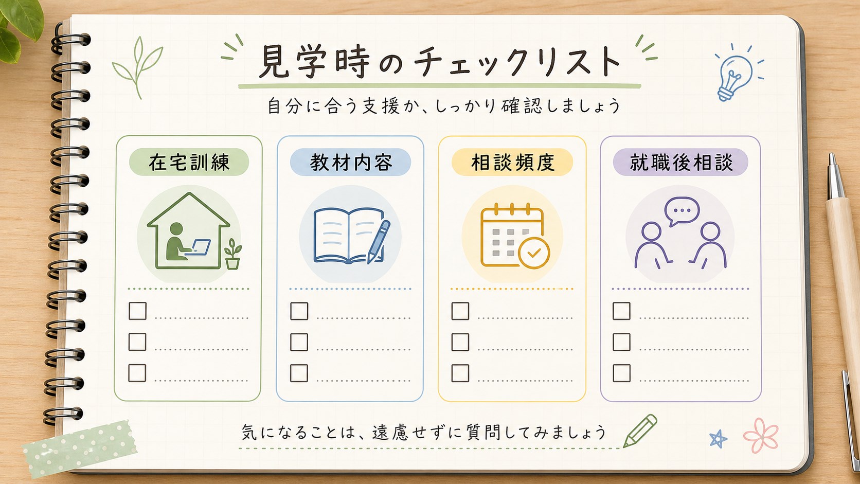 manaby見学時に在宅訓練、教材内容、相談頻度、就職後相談を質問するチェックリスト