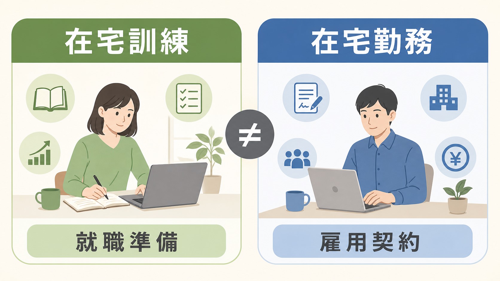 在宅訓練と在宅勤務の違いを目的、相手、判断、内容で比較する図