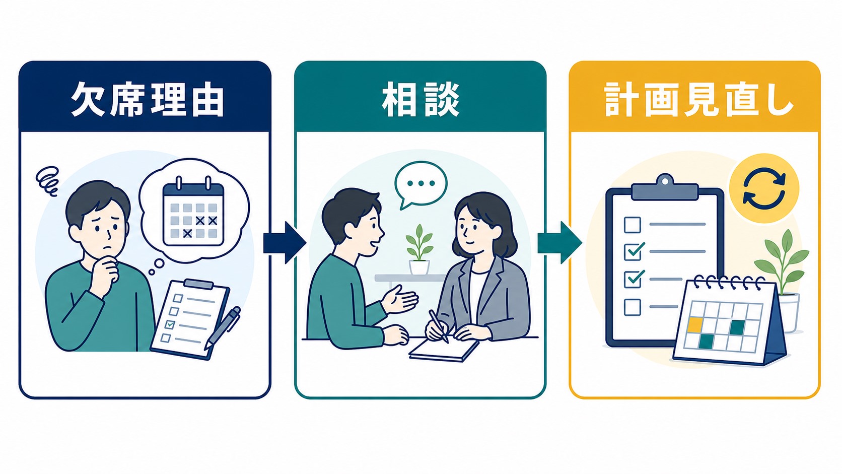 就労移行支援で休みが増えた時に退所ではなく計画見直しを相談する図