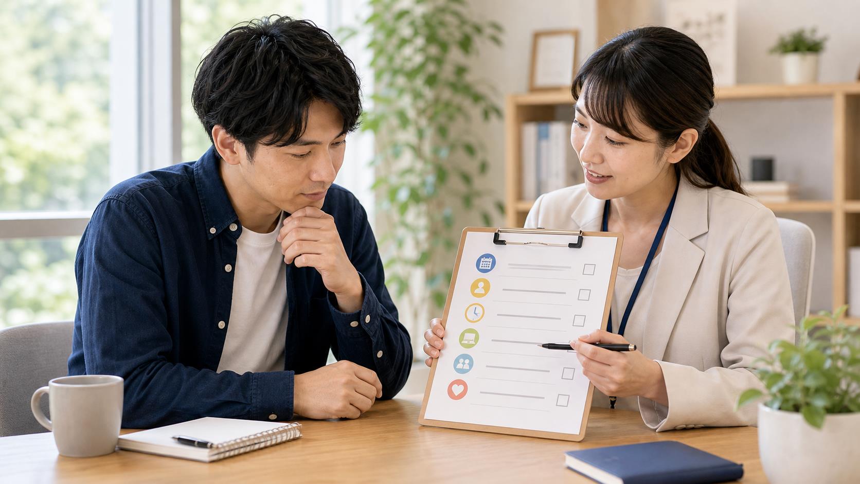 自分に合う働き方の条件を整理し、支援者と次の一歩を考える前向きなイメージ