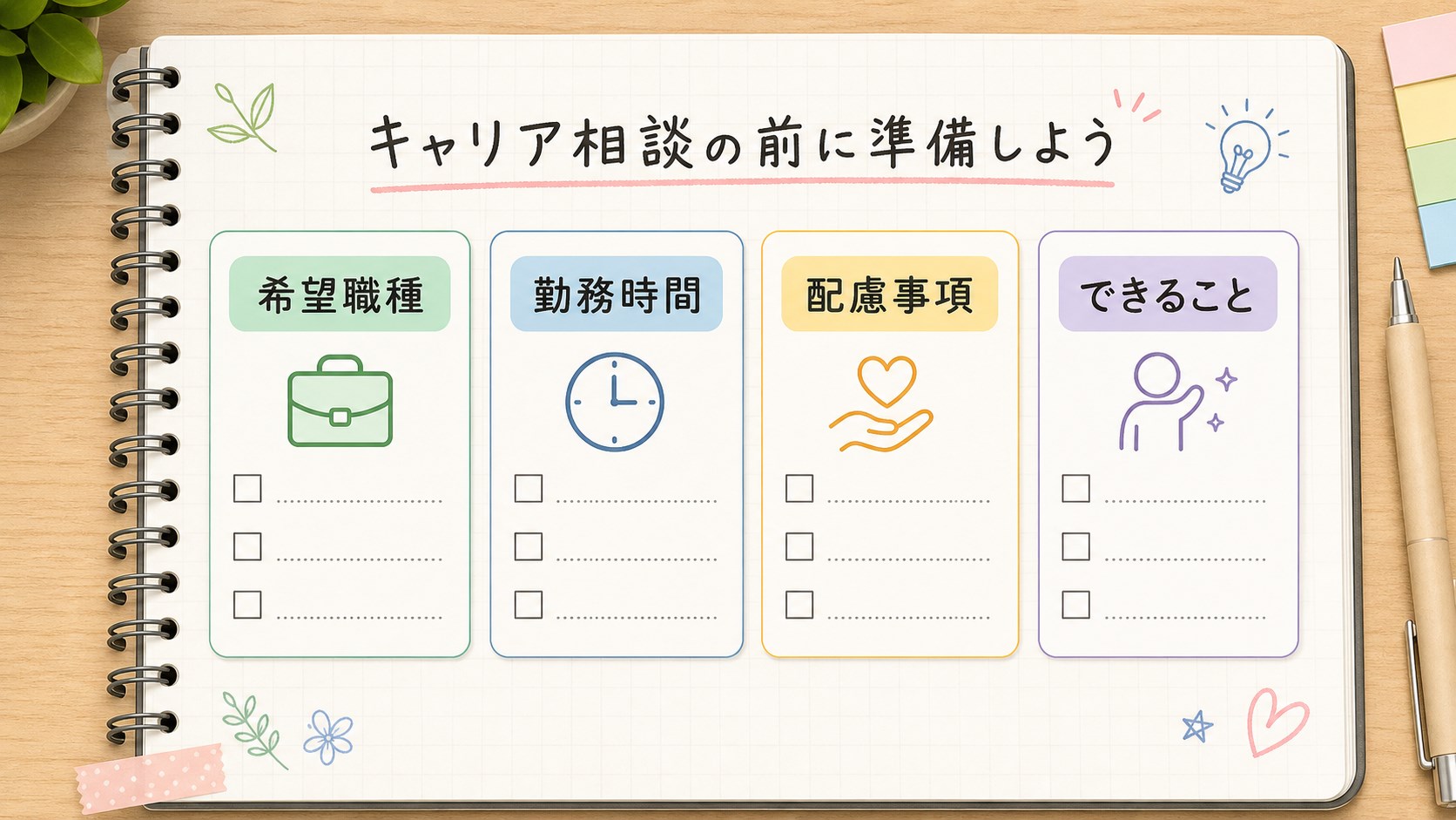 dodaチャレンジ登録前に希望職種、勤務時間、配慮事項、できることを整理するチェックリスト
