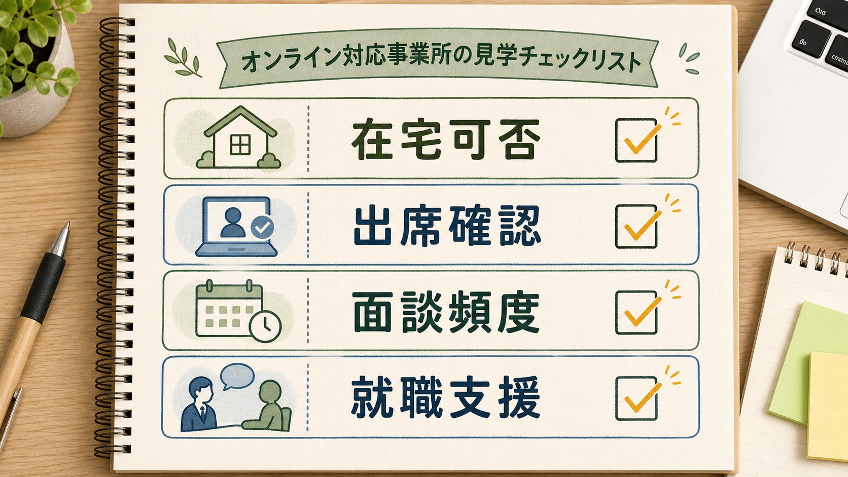 オンライン対応事業所の在宅可否、出席確認、面談頻度、就職支援を質問するチェックリスト