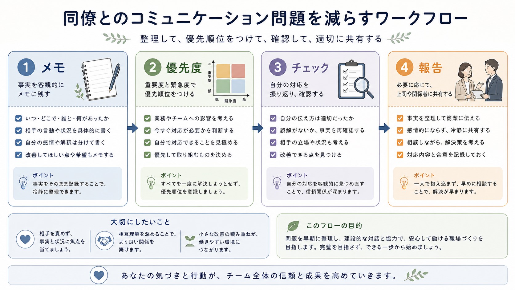 チェックリストや報告ルールで職場の困りごとを仕組み化する図