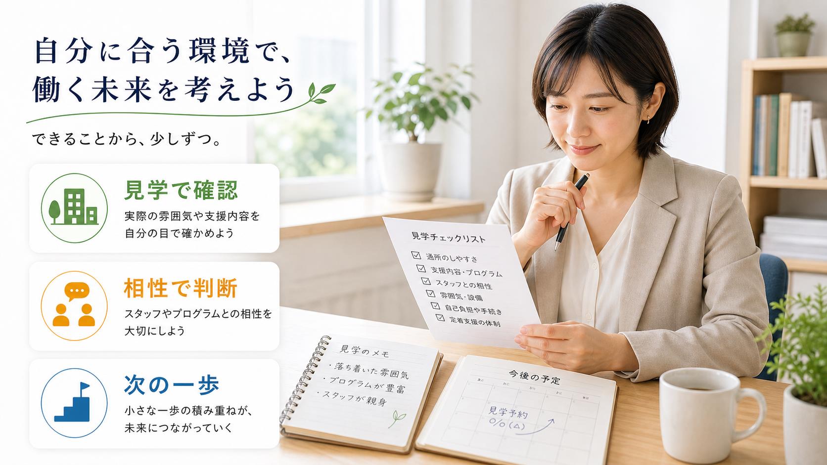 LITALICOワークスの評判だけで決めず見学で自分に合う支援を確認する前向きなイメージ