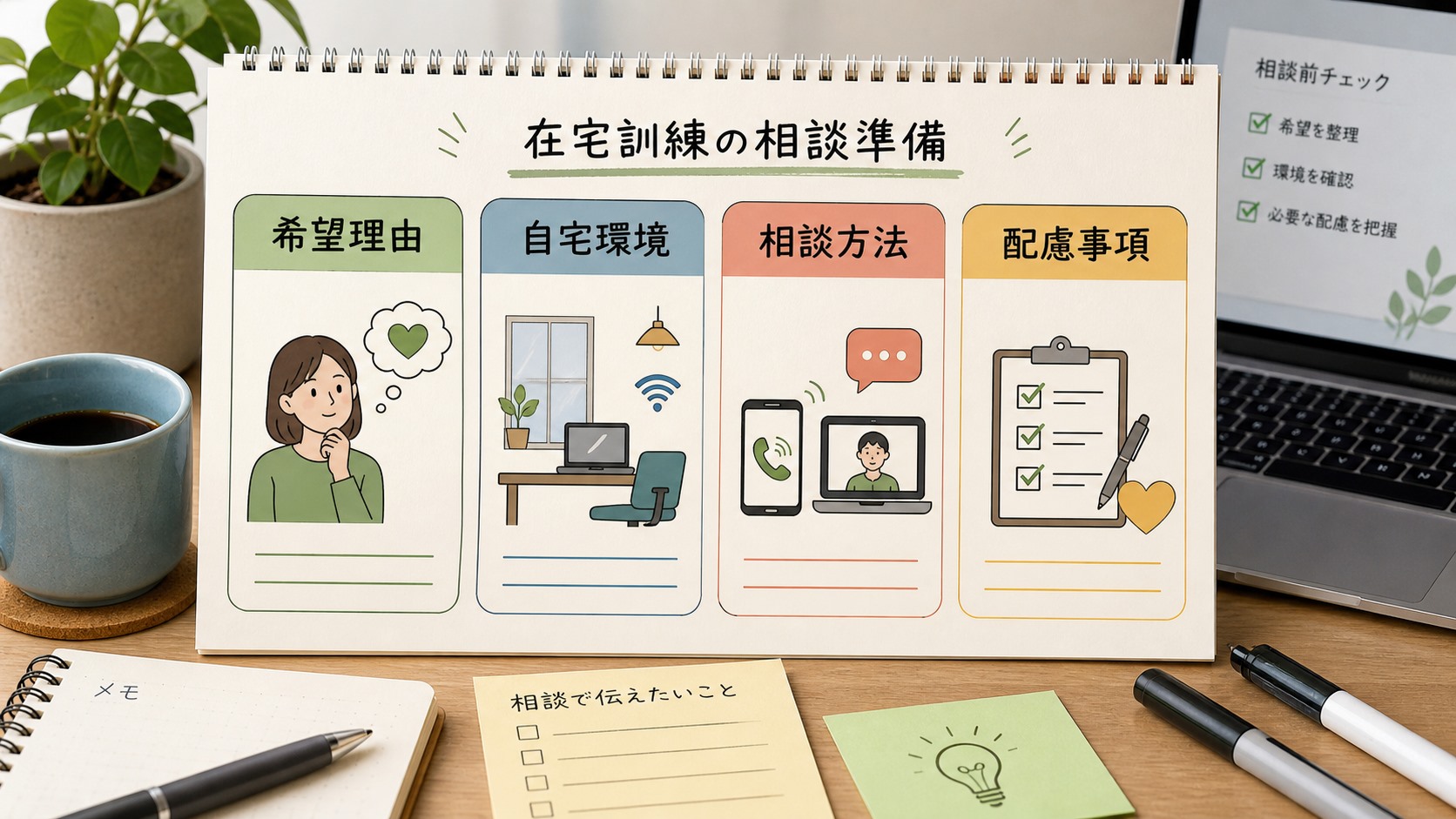 在宅訓練を申し込む前に希望理由、自宅環境、相談方法、配慮事項を整理するメモ
